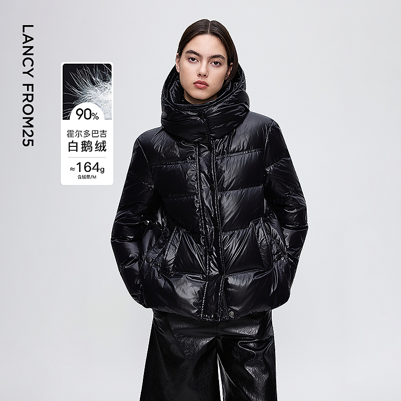 朗姿霍尔多巴吉白鹅绒珠光设计感可拆卸连帽羽绒服2025年冬季新款