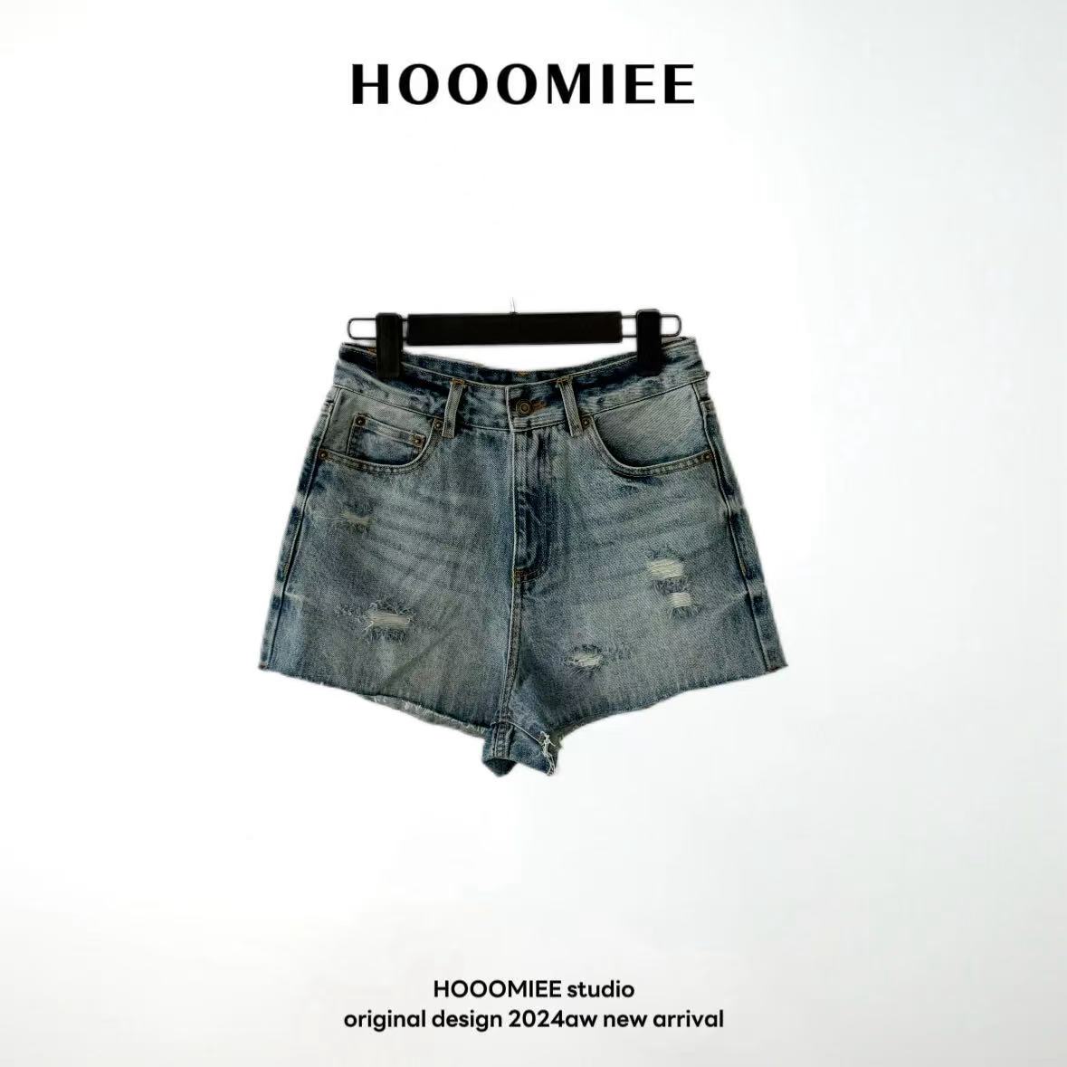 Hooomiee夏日辣妹做旧水洗牛仔时尚潮流女士短裤9846