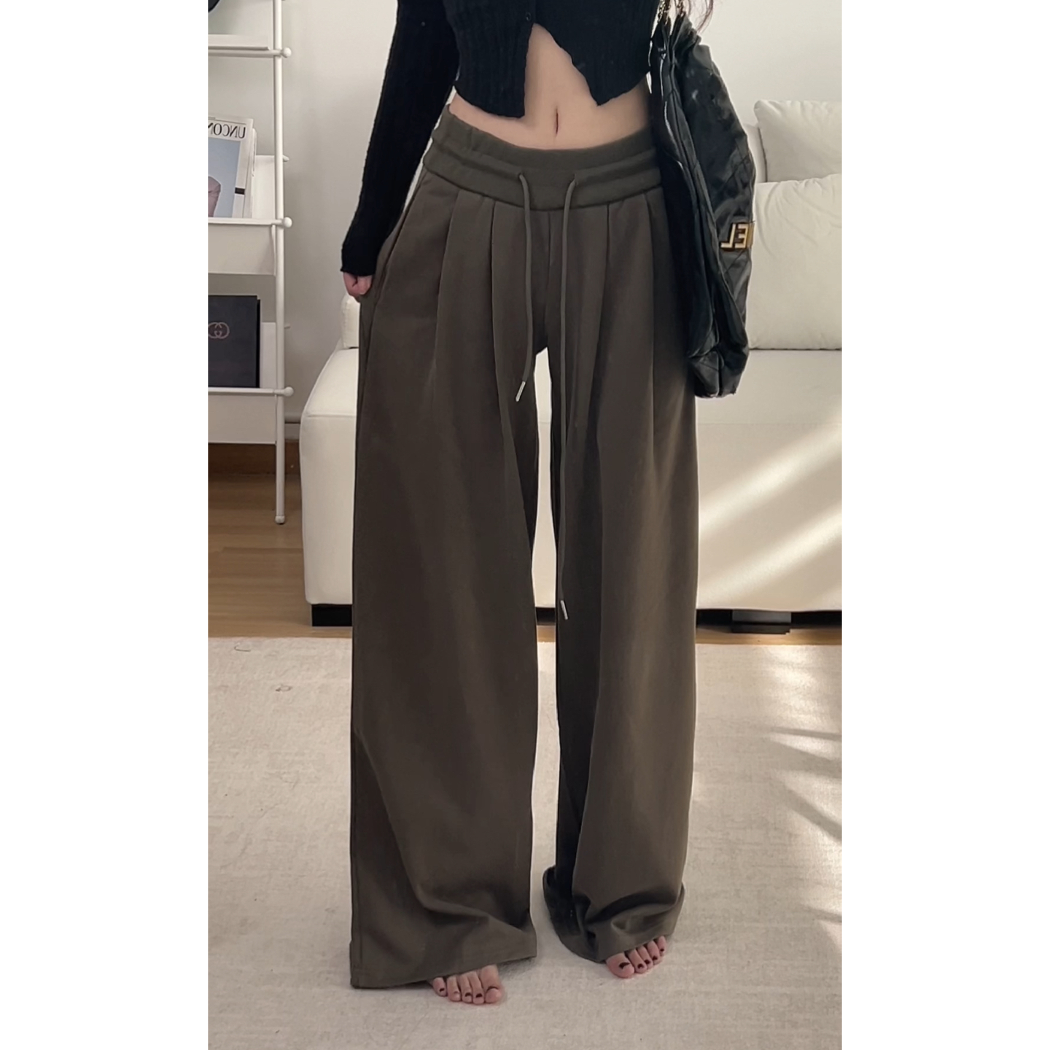 美式复古抽绳卫裤女秋季高腰直筒阔腿裤显瘦辣妹运动休闲拖地长裤