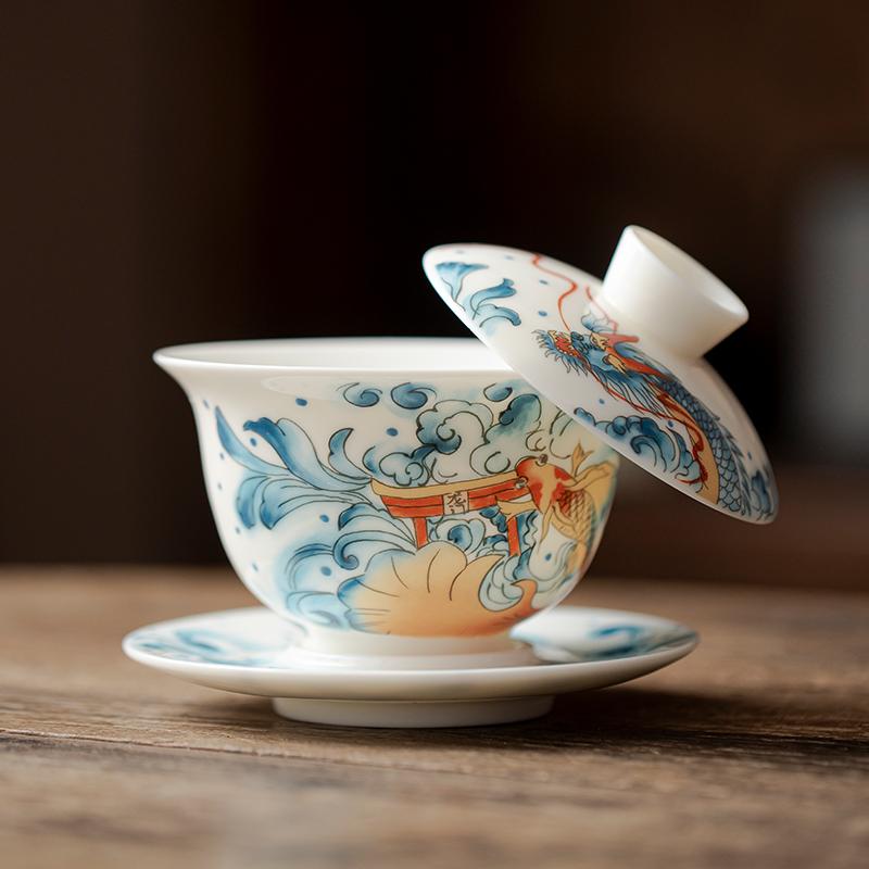 盖碗壶承鱼跃龙门三才悬停旋转高档白瓷泡茶陶瓷功夫茶具家用