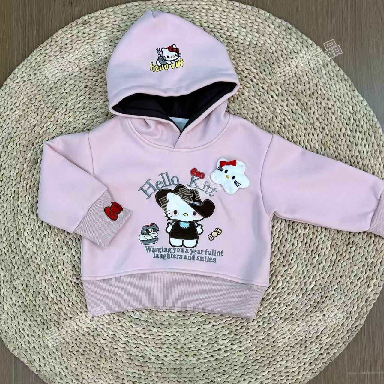韩版连帽卫衣秋冬加绒卫衣女童Kitty刺绣卫衣