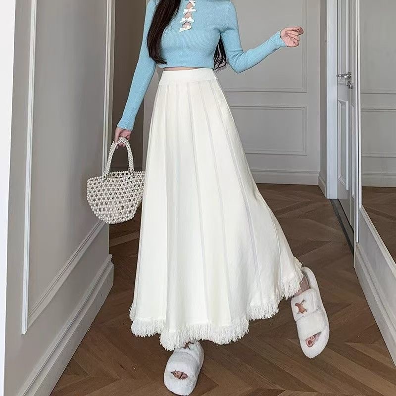 601-650秋冬流苏显瘦半身裙高腰赫本风百褶伞裙中长款百褶裙