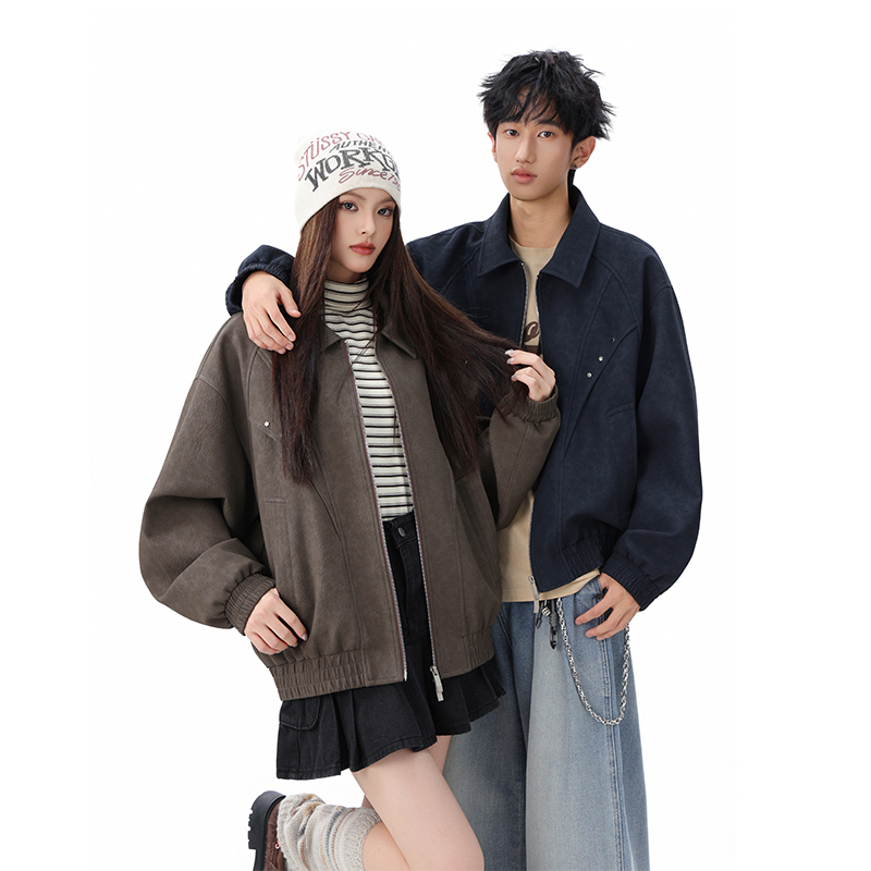 MANRE SHOW【泡泡纱皮衣夹克外套】美式复古皮夹克男流光风穿搭外套