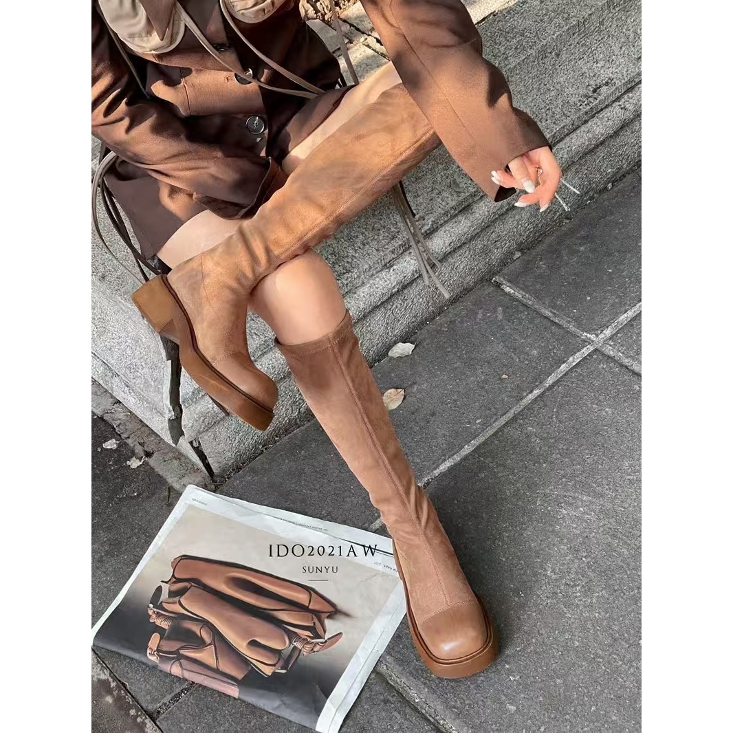 C216 卡其色 秋冬时尚舒适粗跟圆头高筒女长靴弹力靴 骑士靴