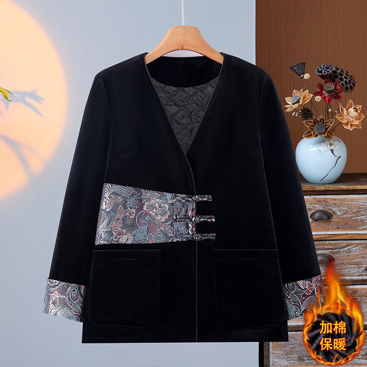 爆款刺绣秋冬妈妈金丝绒短外套洋气中老年女装中国风棉服上衣