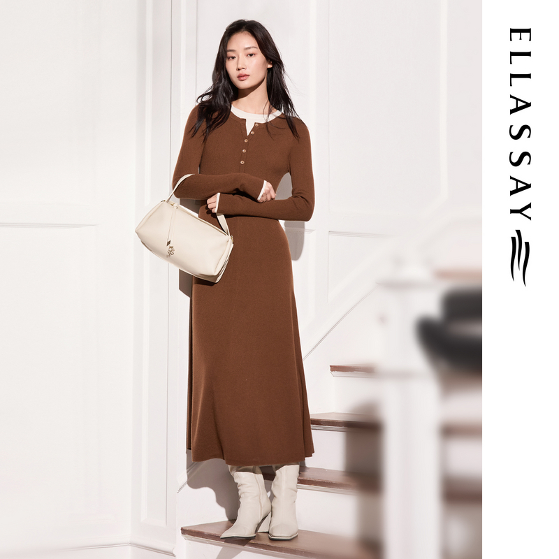 ELLASSAY歌力思2025秋季新款绵羊毛假两件连衣裙女EWW3606900