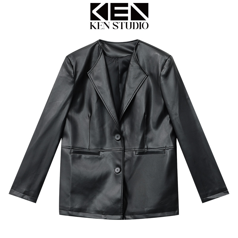 KEN STUDIO秋冬新款高级感黑色皮衣女宽松显瘦百搭西装外套上衣潮