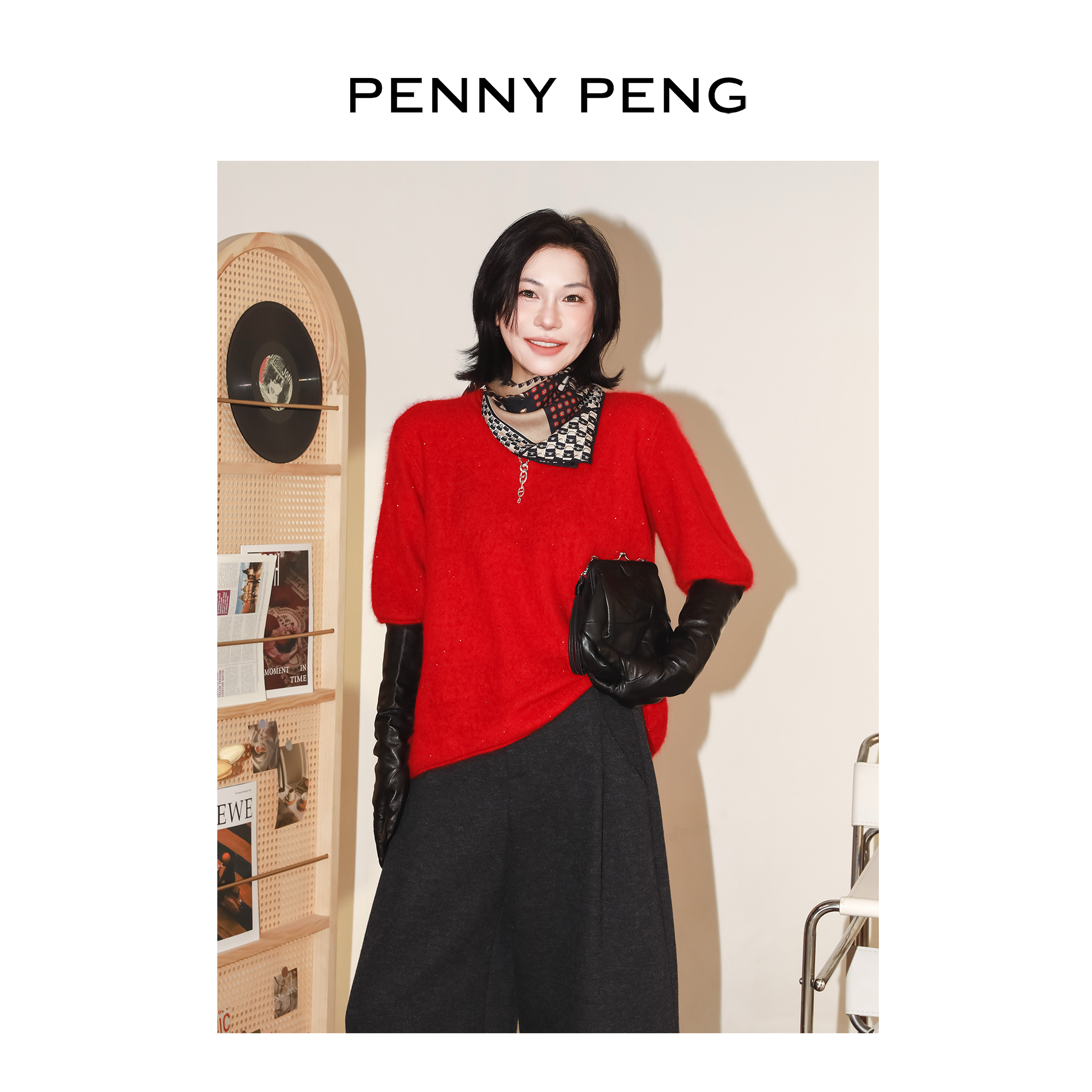 PENNYPENG 治愈光波 黑标系列秋冬新款轻奢拉绒圆领羊绒短袖上衣