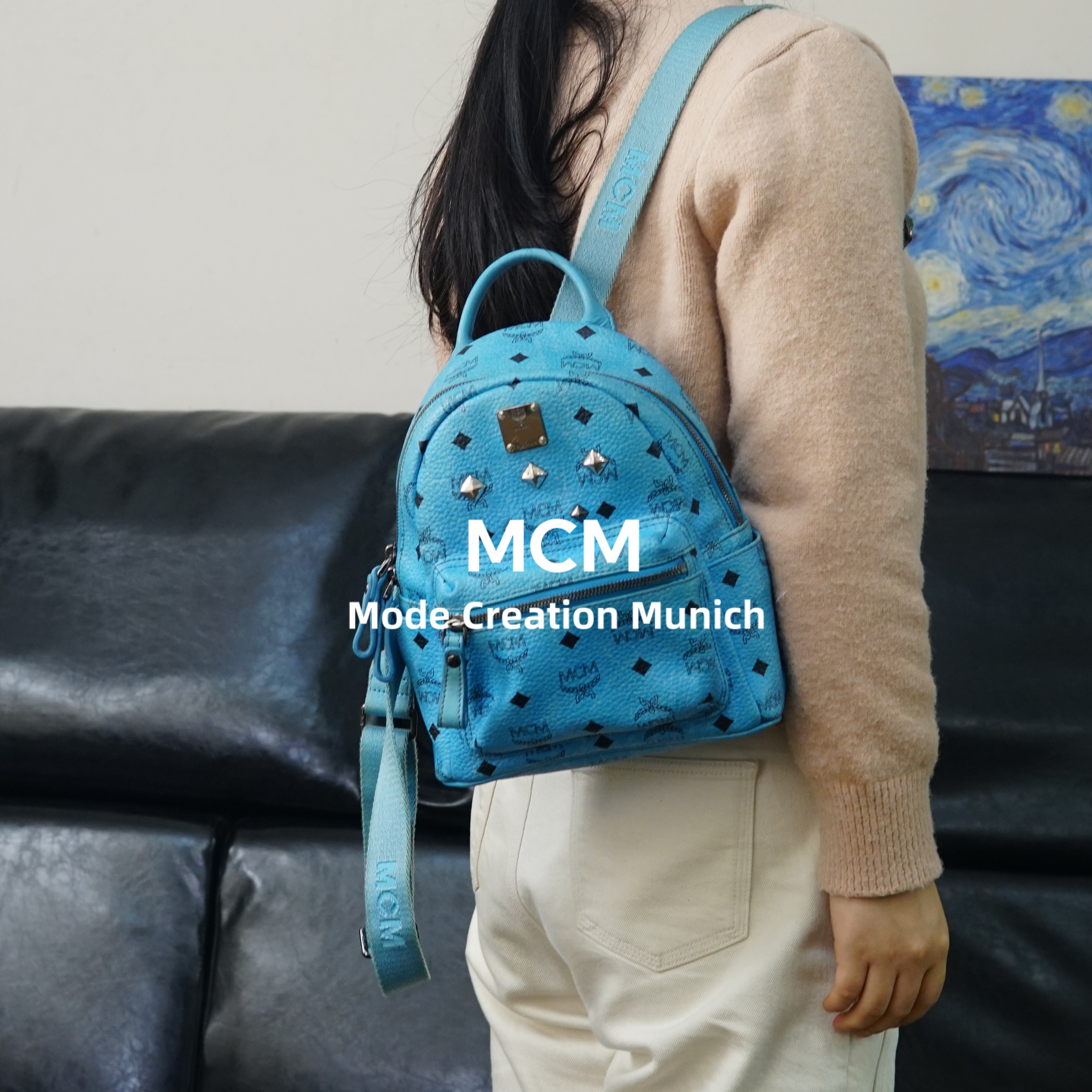 95新 MCM 蓝色双肩包/SD02625011/5011
