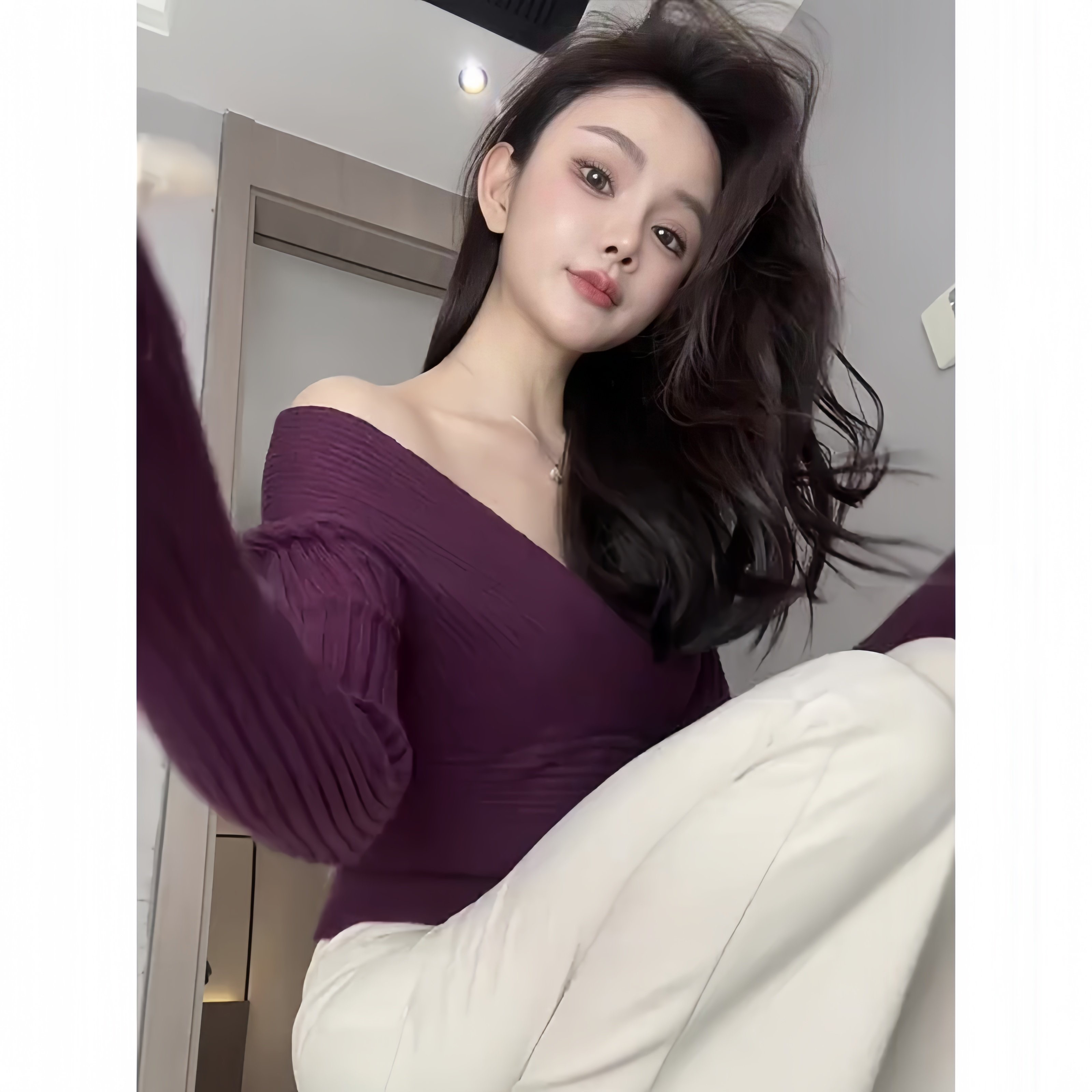 紫色深V领针织打底衫女修身收腰紧身螺纹交叉性感内搭上衣