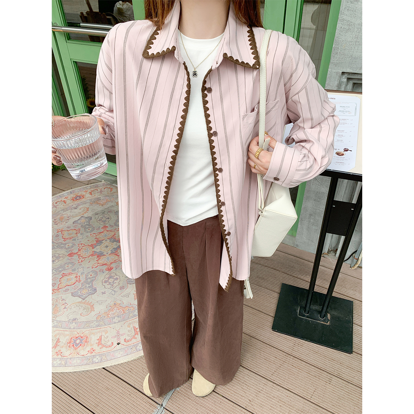 曾小咸 韩系早秋粉色条纹衬衫宽松慵懒风衬衣开衫上衣Z253CSP9604