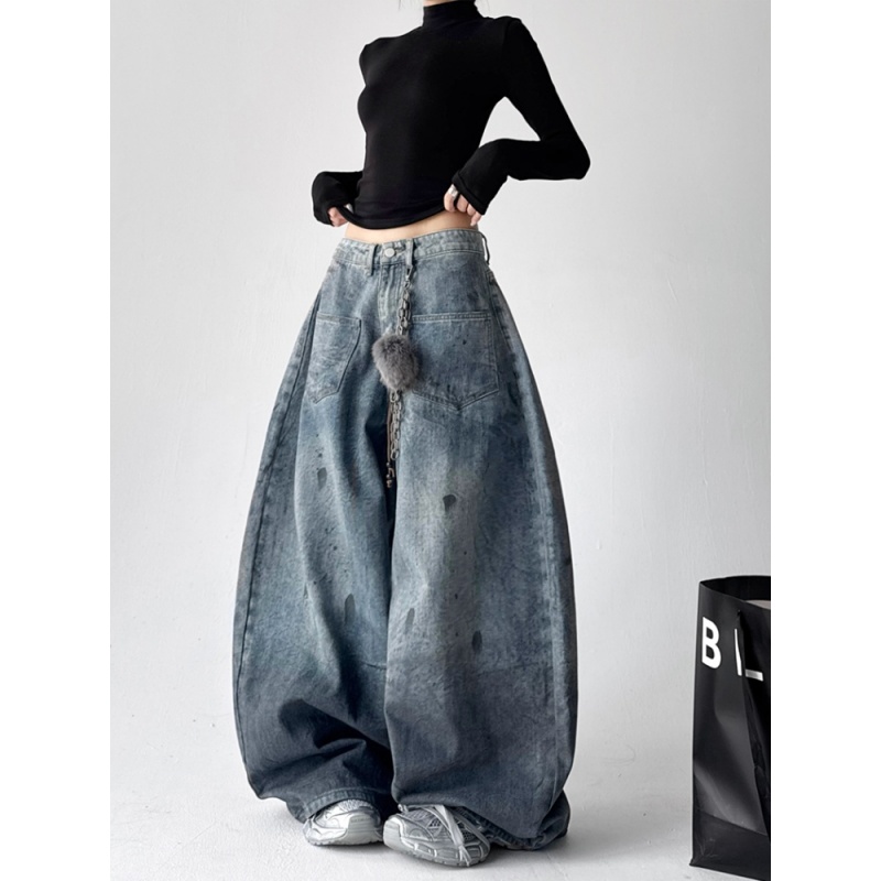 【送挂件】美式复古泼墨做旧弯刀牛仔裤女秋冬新款宽松显瘦阔腿长裤