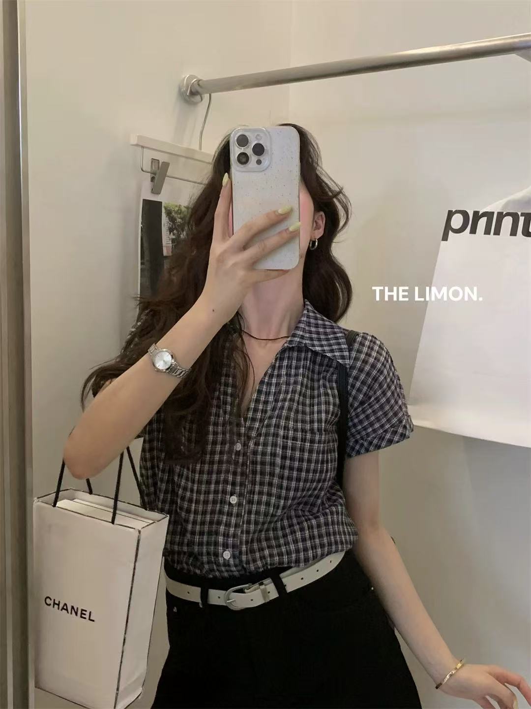 A031-韩系简约格子短袖衬衫女夏季新款宽松叠穿翻领薄衬衣上衣