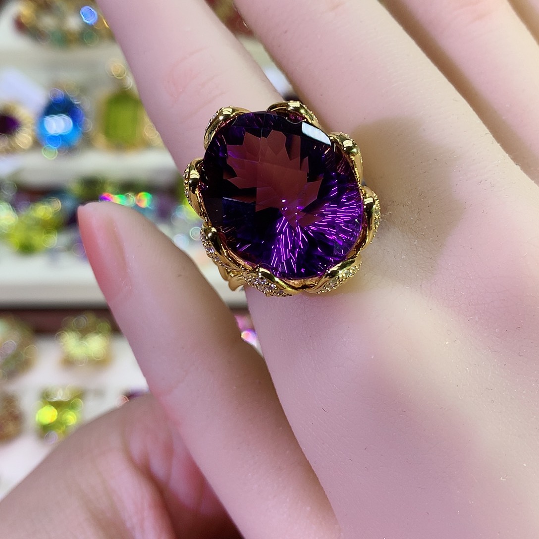 紫晶戒指银S925镀金镶嵌