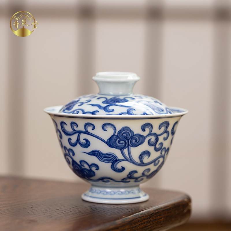 QINGYANTAN/青炎堂青花瓷盖碗仿成化纯手工灵芝纹泡茶碗陶瓷茶具