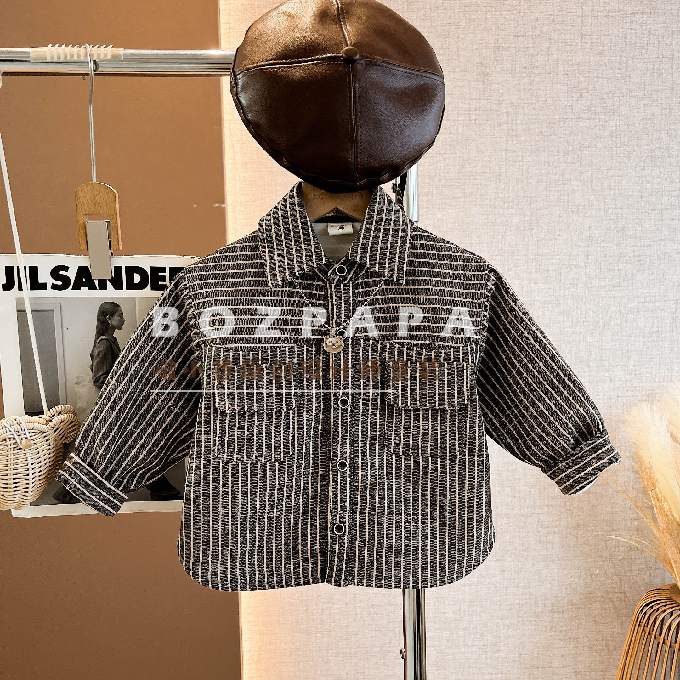 现货【故事启航】2025冬季新款男童宝宝休闲双口袋条纹加绒衬衫