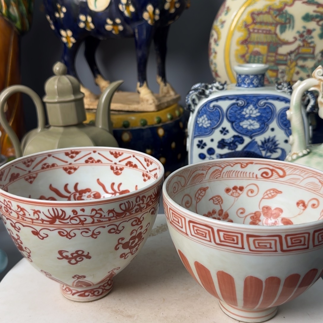 精***子摆件矾红鸡心碗全美品