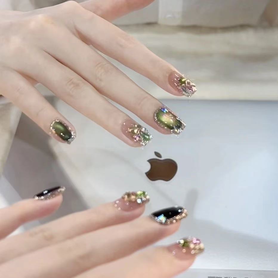 【粉绿-宫墙柳】爆闪绿色猫眼拼钻 气质高贵显白纯手工穿戴美甲百搭