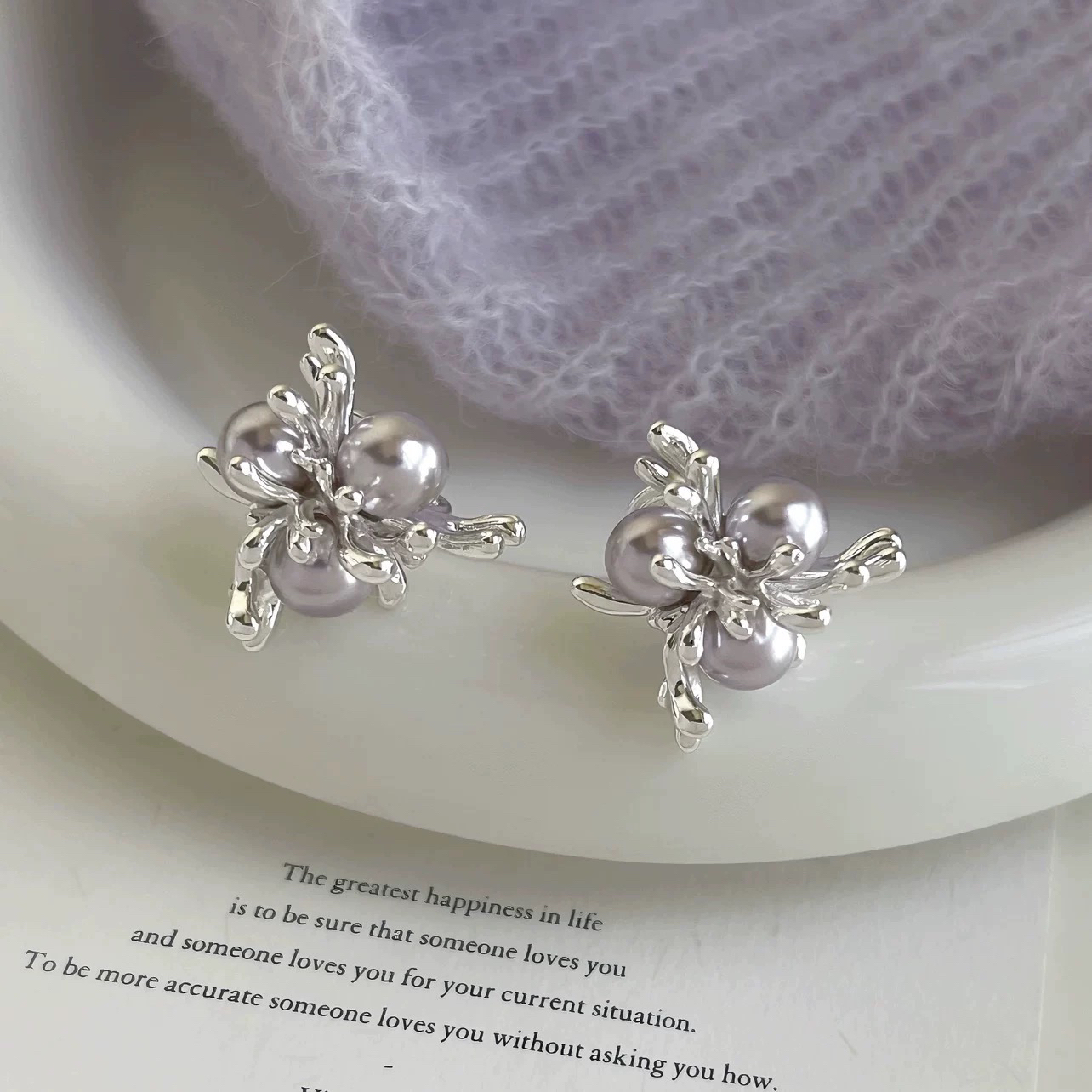 合金耳饰 粉紫珍珠耳钉女法式复古烟花爆款轻奢耳环耳饰