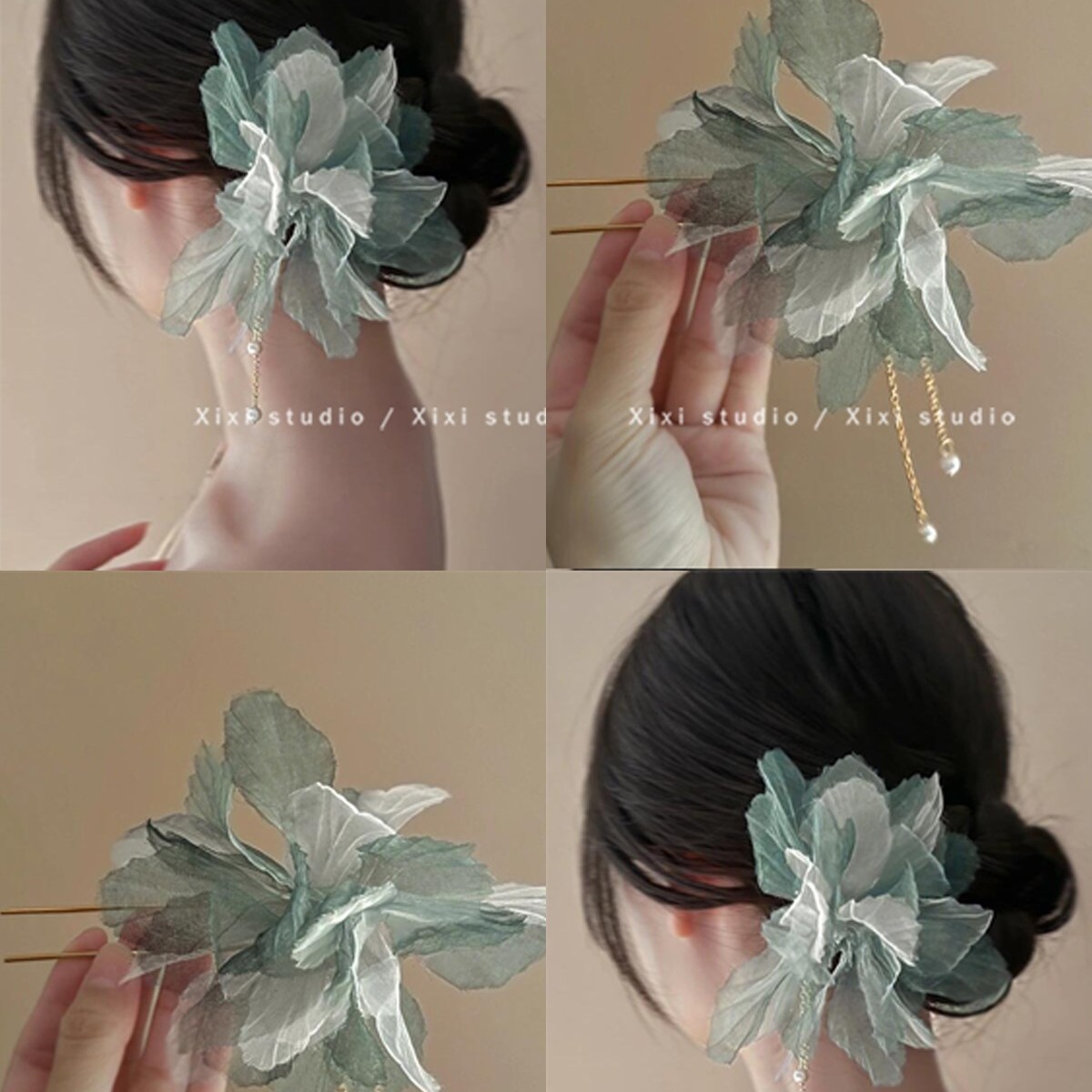 氛围感雾霾蓝！花朵流苏簪子！脑勺甜美发钗布艺珍珠盘发器饰