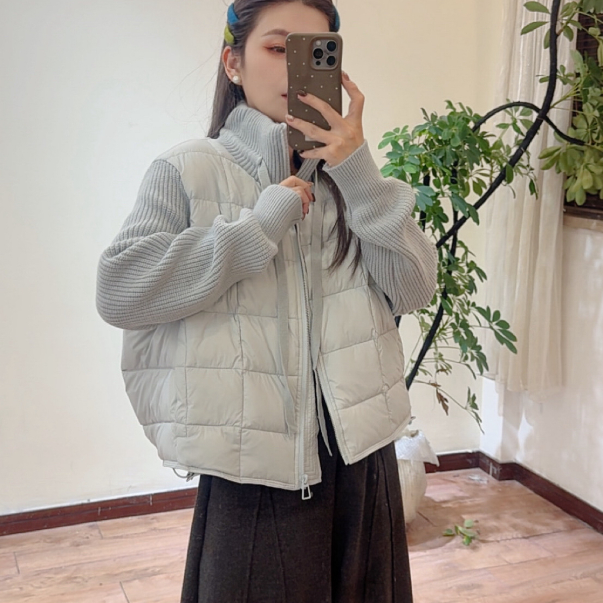 轻薄针织拼接短款女冬季立领绑带轻薄羽绒服韩版宽松外套