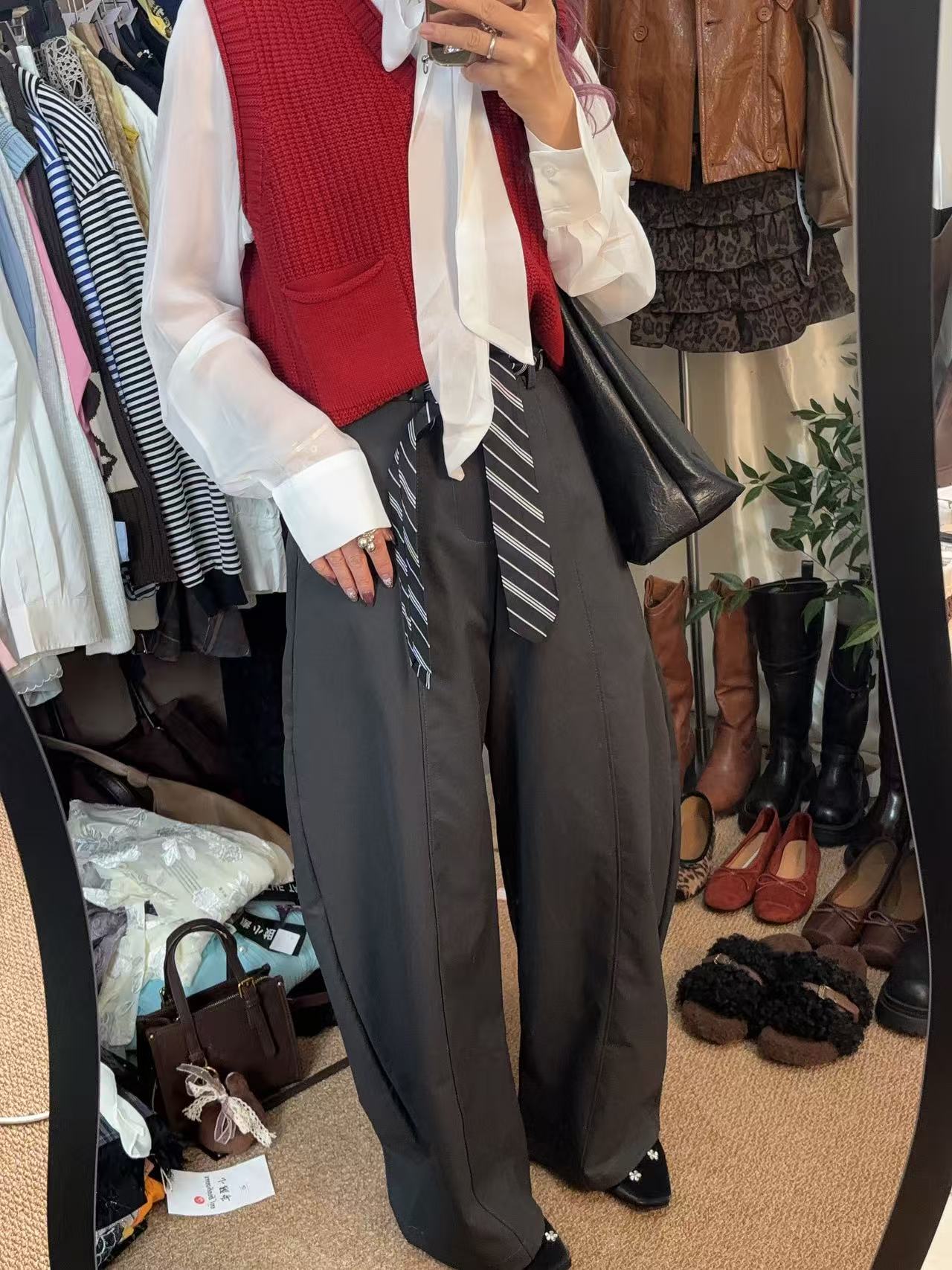 老钱风复古领带休闲裤女欧货2025秋装新款高腰显瘦弯刀阔腿长裤潮