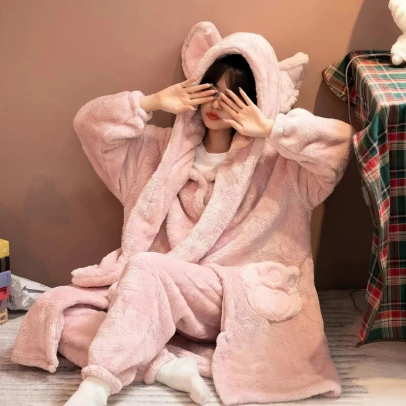 可爱小狐狸睡袍女秋冬加厚版珊瑚绒舒棉绒卡通保暖睡袍睡衣套装