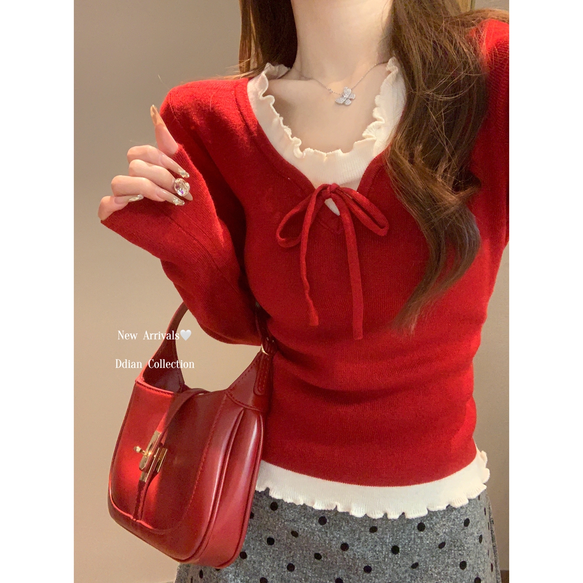 2025早春韩版迎春假两件拼接花边蝴蝶结绑带百搭设计感红色上衣