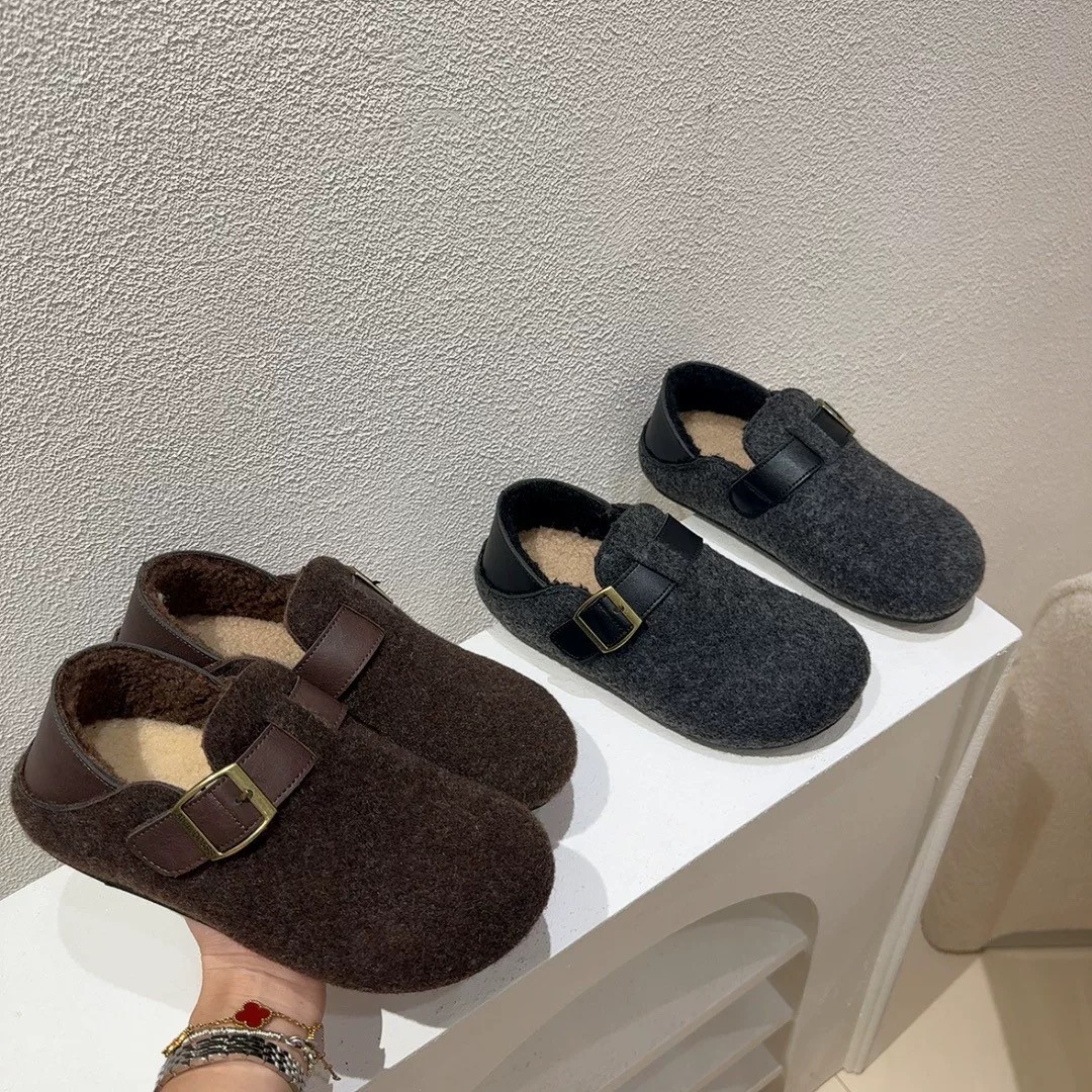 厚底增高毛呢勃肯鞋女冬加绒2025新款复古百搭一脚蹬保暖毛毛棉鞋