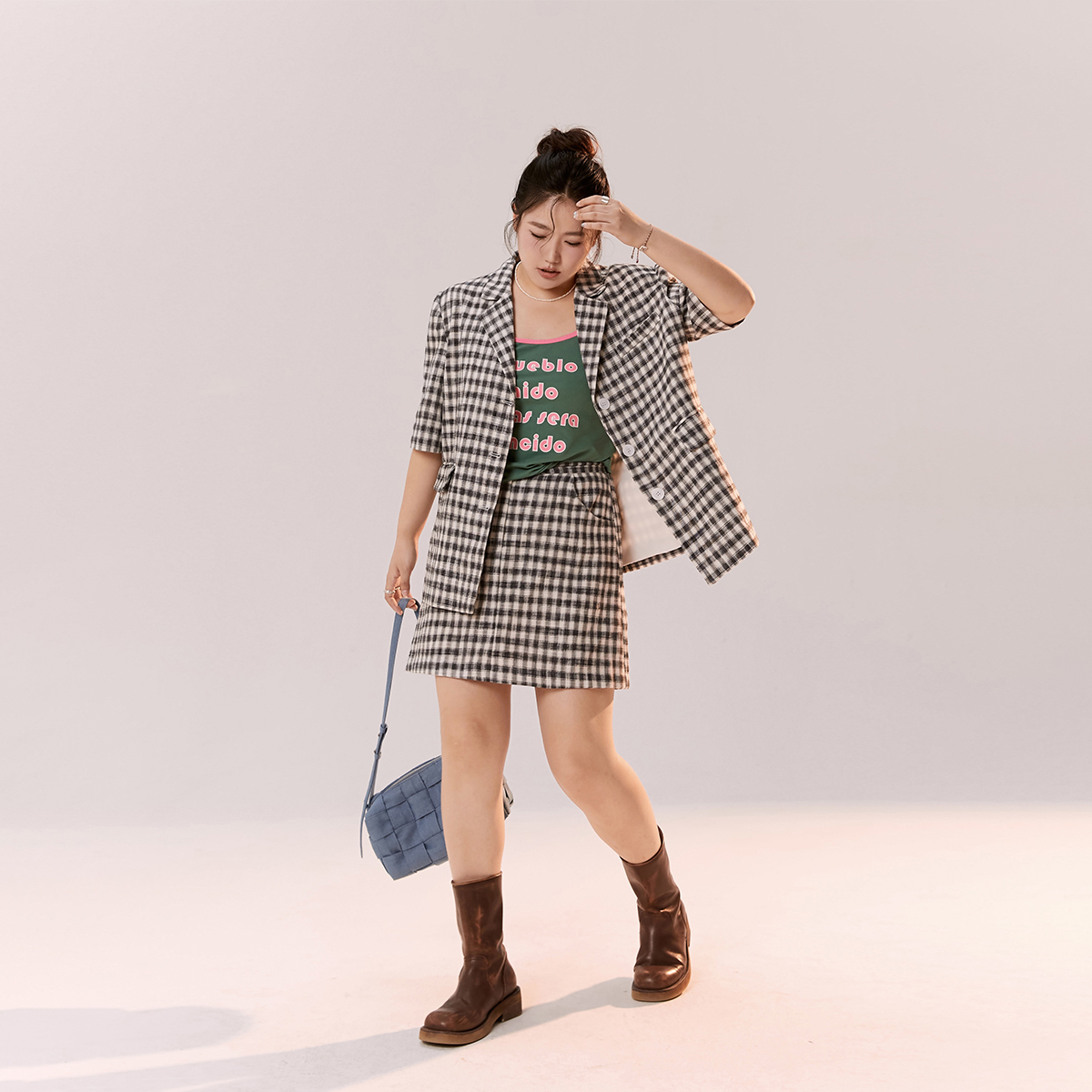 晶咕绿标~格纹衬衫半身裙时尚套装女夏季小香风衬衣宽松百搭