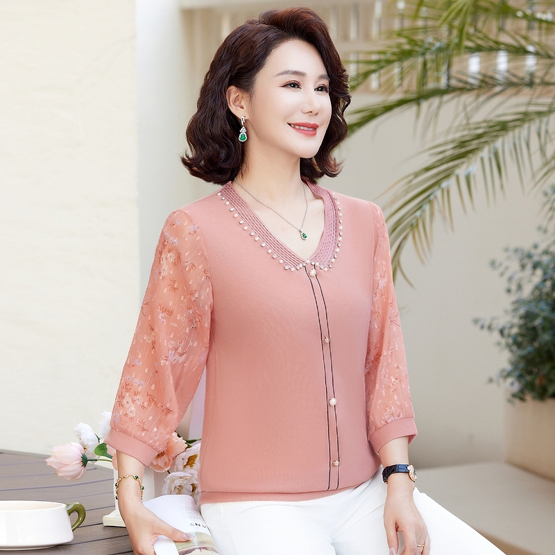 【丽姐家】春季新款妈妈装打底长袖中老年时尚洋气薄款宽松上衣