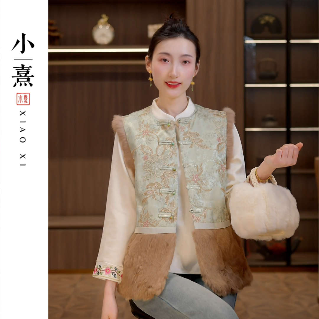 【语瑶】冬季2025新款新中式马夹女式加棉加厚宽松国风提花兔毛马甲