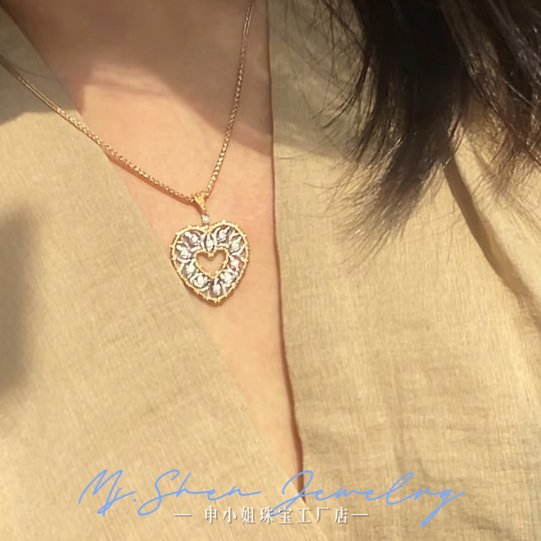 【申小姐】18K金天然钻石爱心项链蕾丝镂空拉丝双色雕金工艺