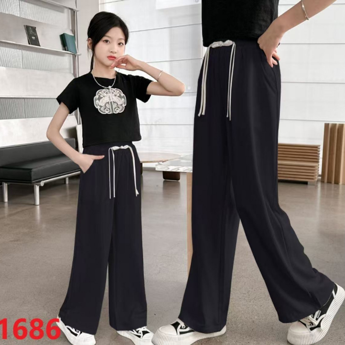 800246童装女童休闲长裤 2025夏儿童洋气阔腿新中式时尚宝宝长裤