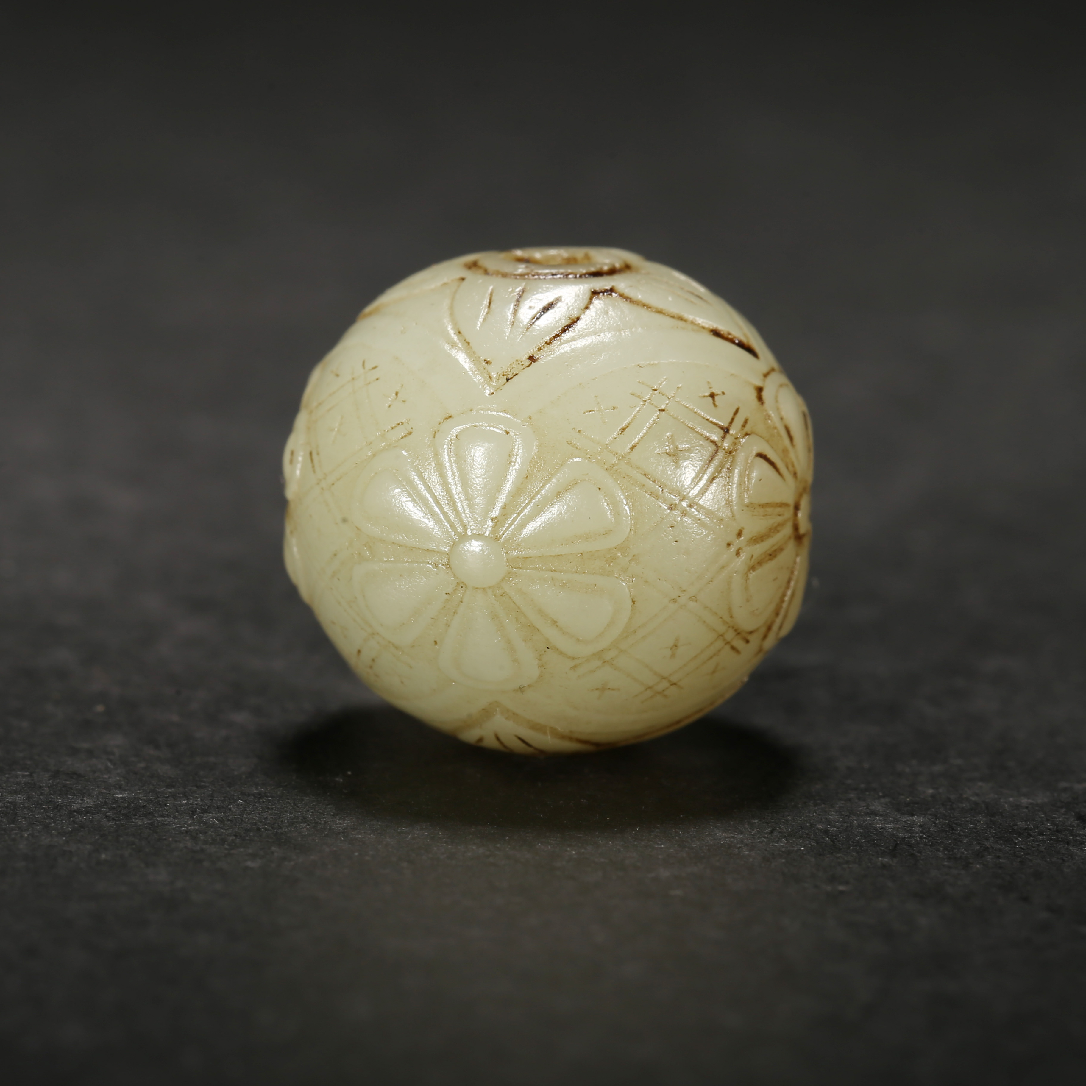 清代*花卉纹白玉珠/07JTY2422/和田玉【北京文博】