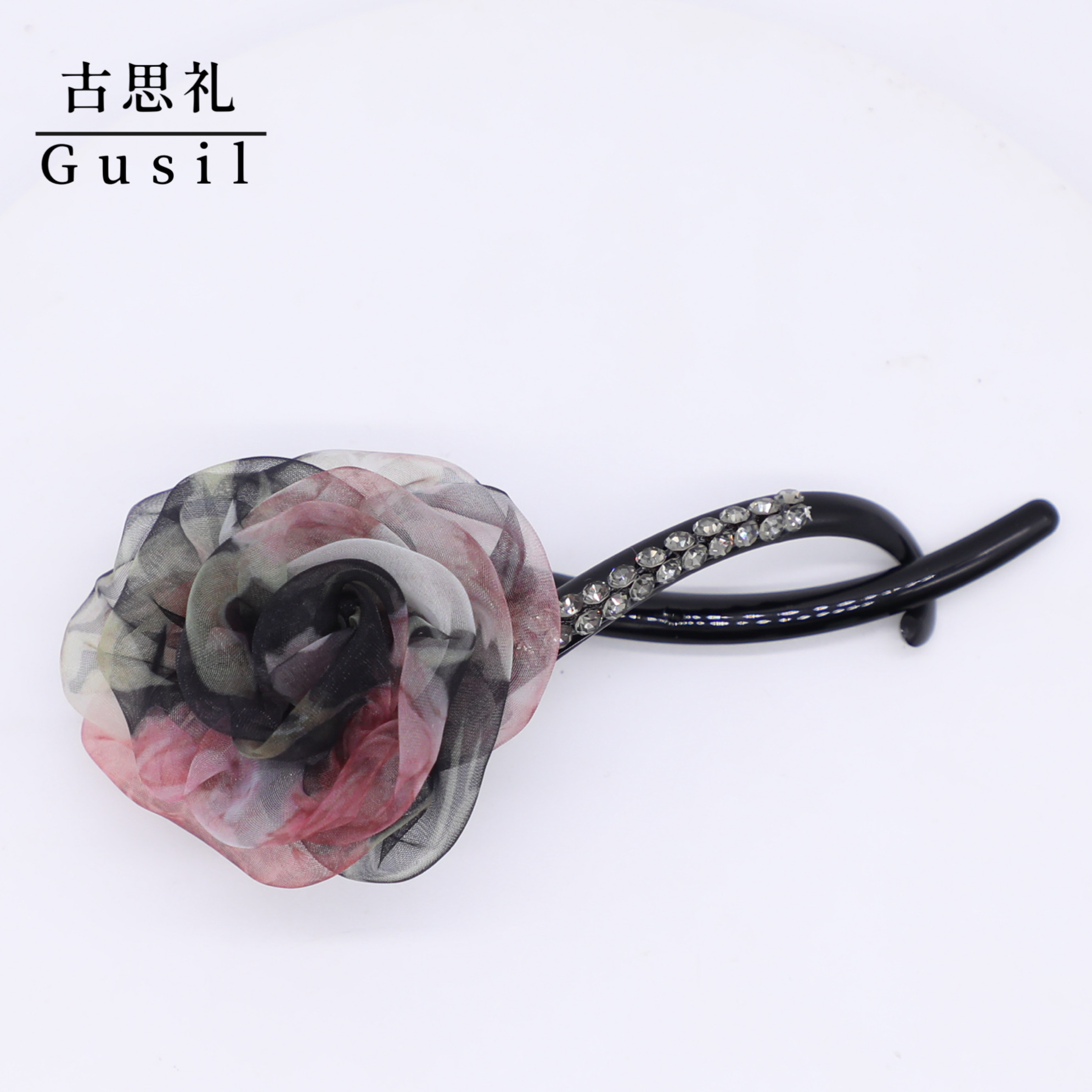 G145【艾莎】法式仙气网纱玫瑰一字夹GS7382