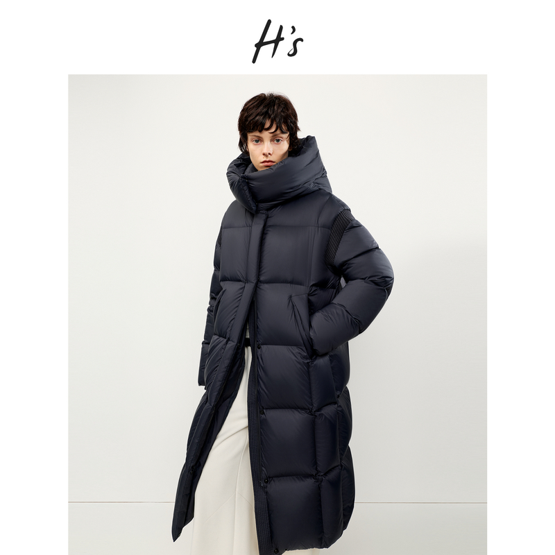 H'S黑色连帽立领泡芙羽绒服女25冬新款高级设计感蓬松保暖面包服