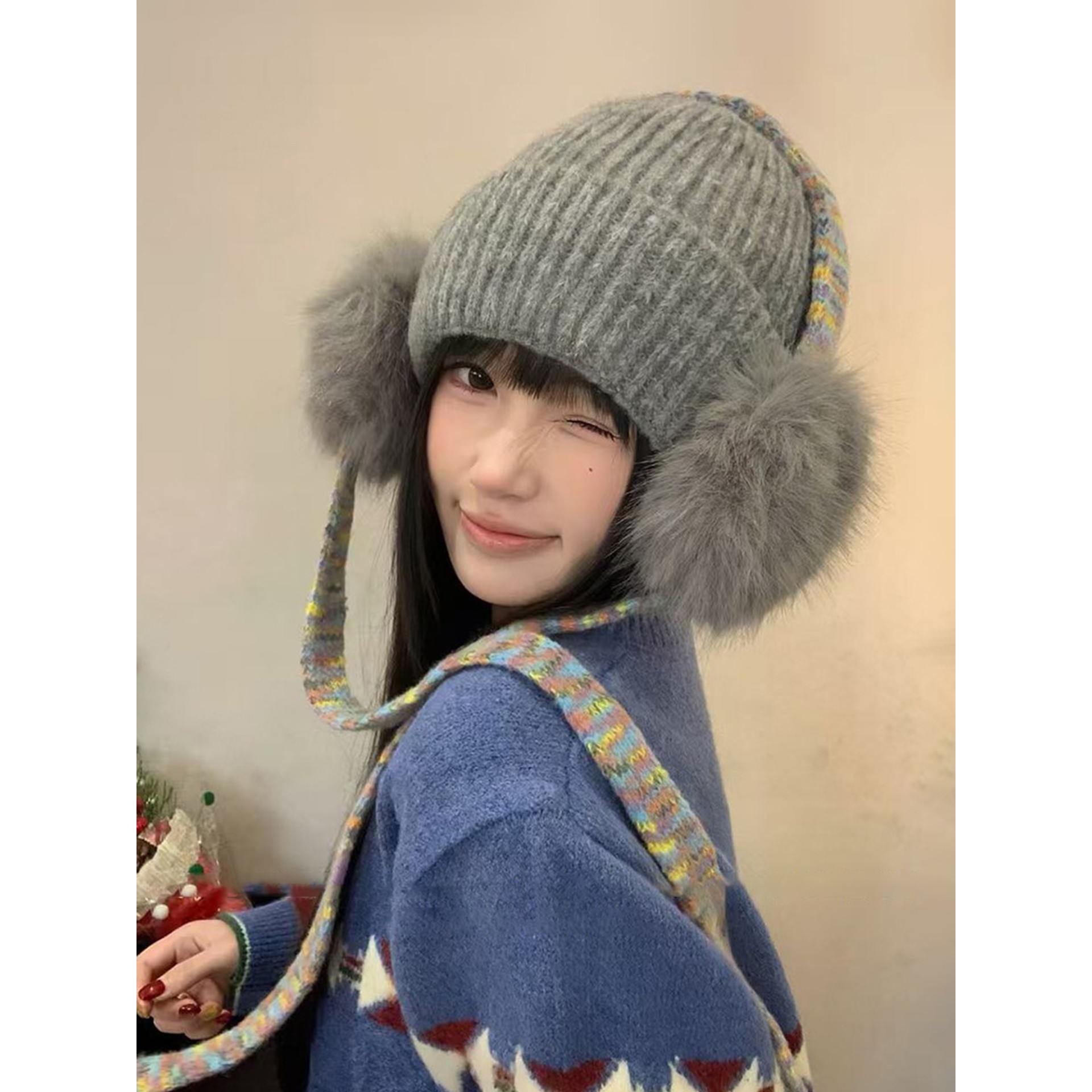 SUMMER PENGUIN韩版流苏针织帽子女秋冬季护耳大头围显脸小包头帽