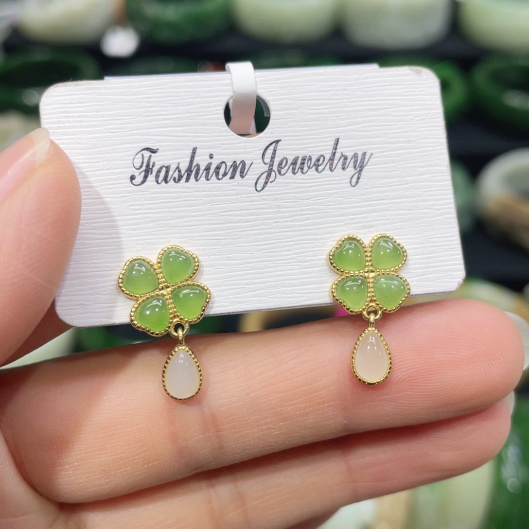 银S925镶嵌和田玉耳饰