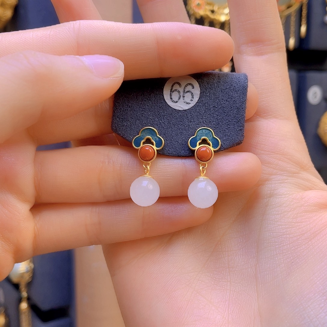 和田玉耳饰银S925镀金镶嵌