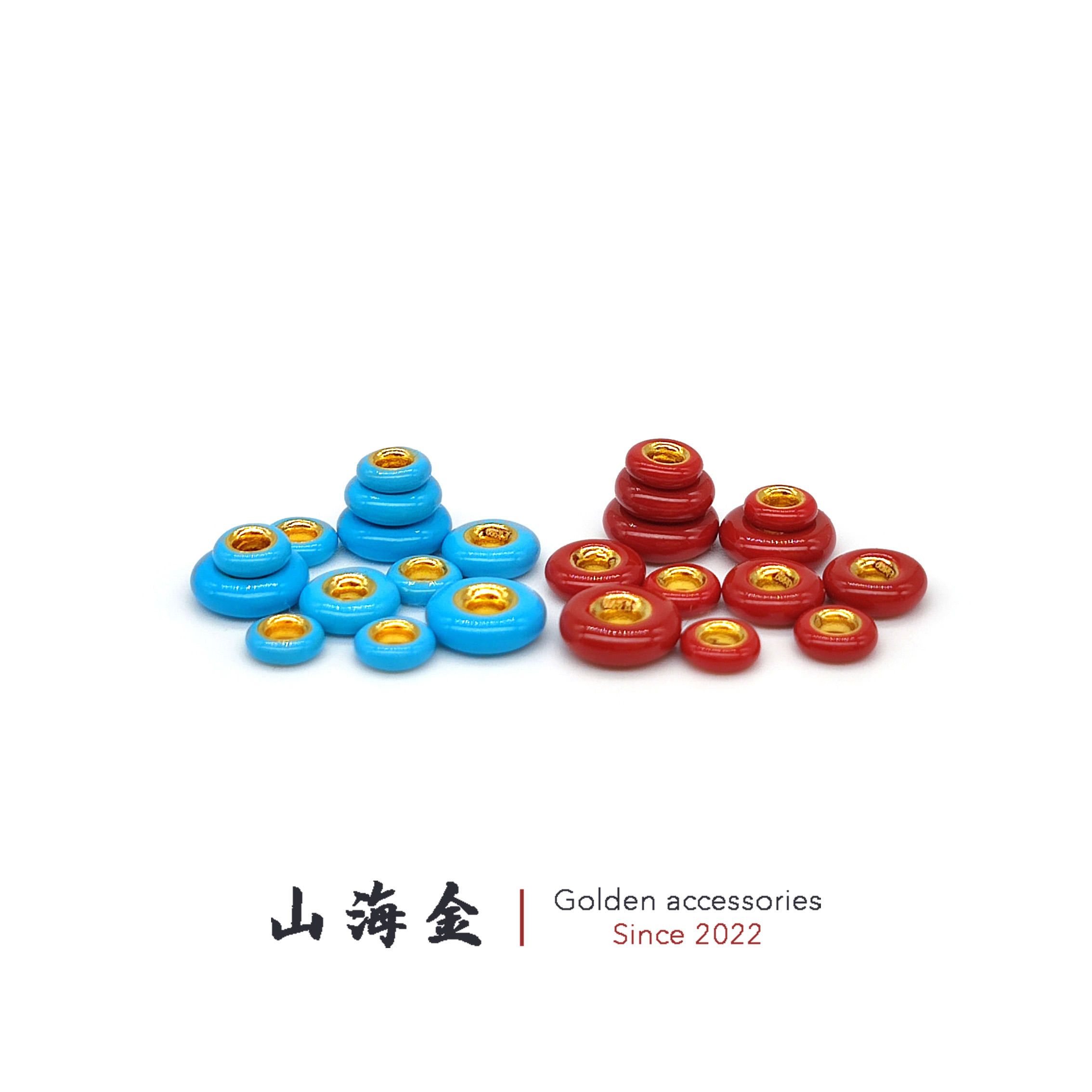 山海金 999足金 珐琅隔片珊瑚色松石色隔圈108念珠苹果珠DIY配饰