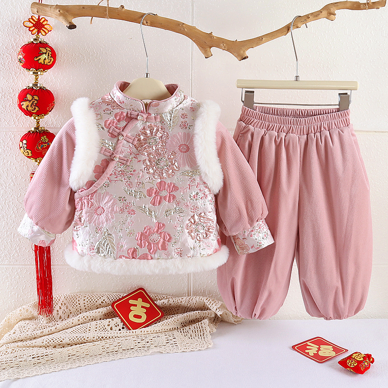 【繁花似锦】女童宝宝套装加厚加绒冬季周岁服婴儿中国风小童喜庆