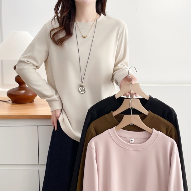 亲肤好穿 胖MM宽松加绒圆领上衣女叠穿内搭打底衫秋冬长袖t恤