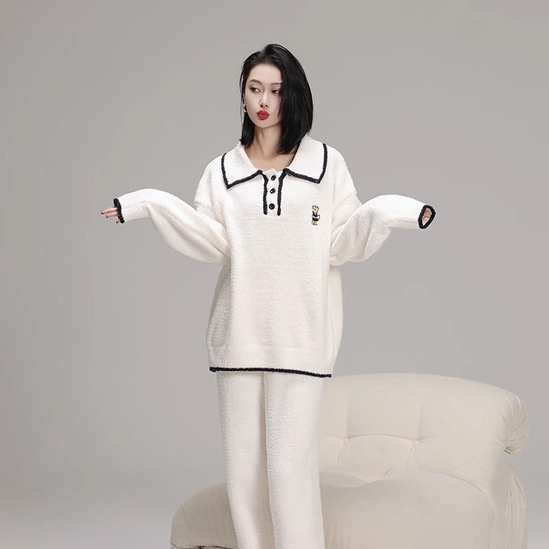 韩版可爱小熊半边绒睡衣女冬季加厚保暖可外穿半边绒家居服套装