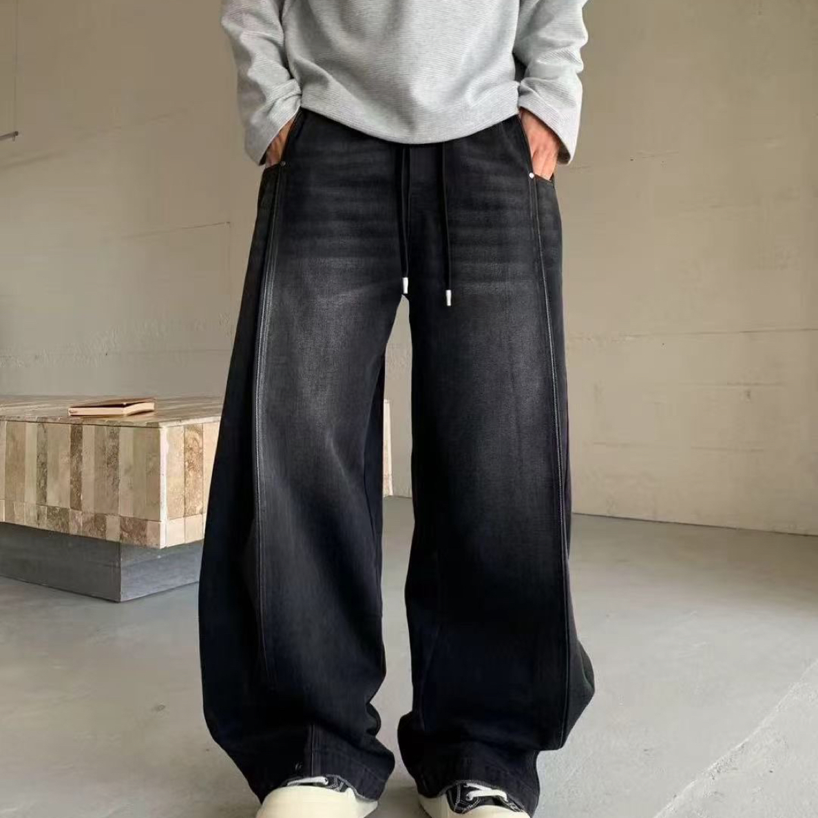 拼接免烫长裤美式渐变做旧牛仔裤宽松时尚美式秋季