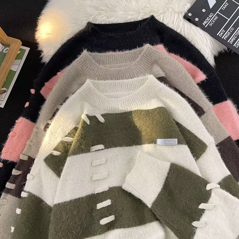 5625-BY秋冬条纹毛衣男女圆领慵懒风毛线衣情侣百搭宽松针织衫