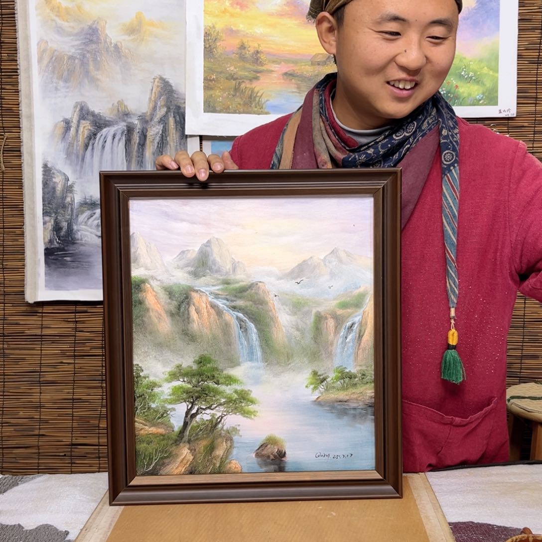 油画行路人小院东宽