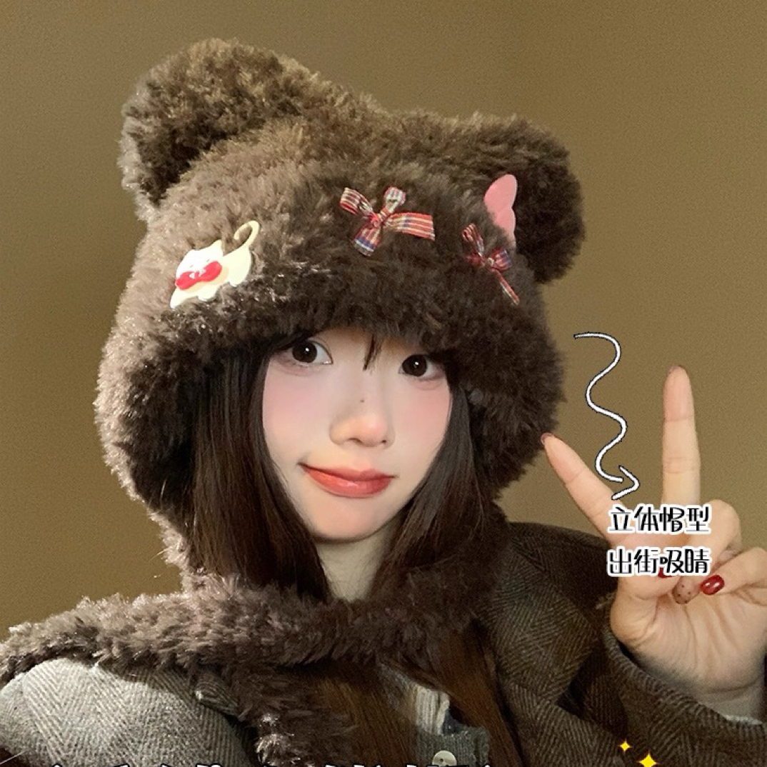 可爱蝴蝶结亚克力猫咪毛绒帽子女秋冬2025新款保暖毛茸茸护耳帽女