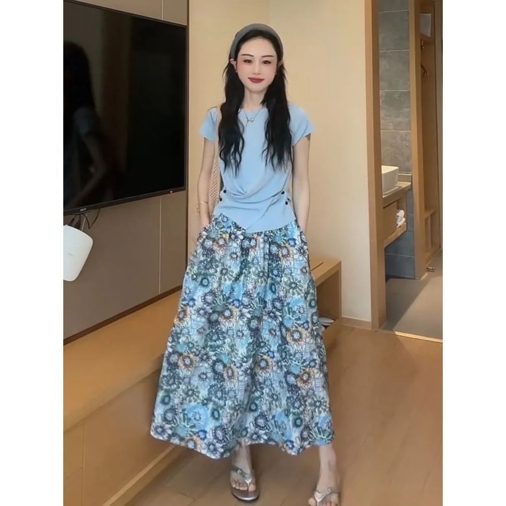 设计感圆领收腰短袖针织衫+半身裙两件套女2025新款时尚