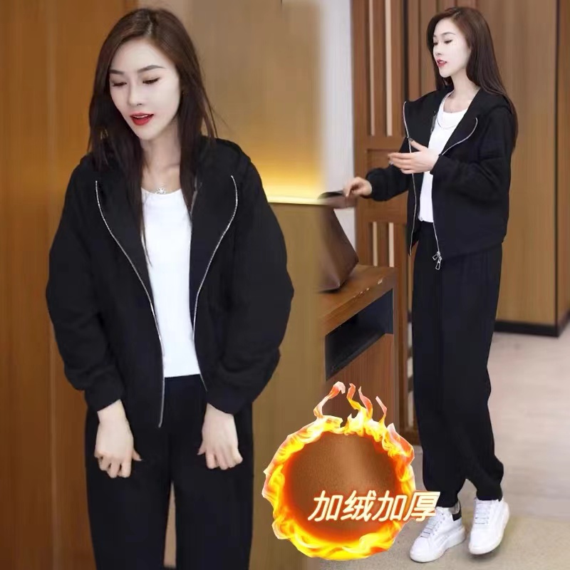 加绒加厚2025秋冬新款黑色外套连帽卫衣女时尚百搭拉链开衫长袖潮